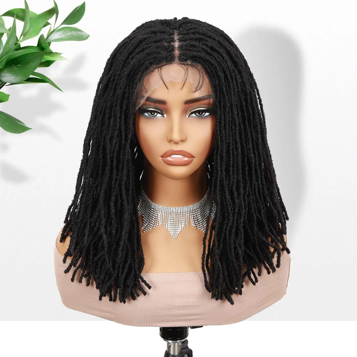 Fancy Hair Full Lace Short Faux Locs Wig with Baby Hair Lace Front Twist Braids Wig Synthetic Micro Locs Wig for Black Women (Natural Black)