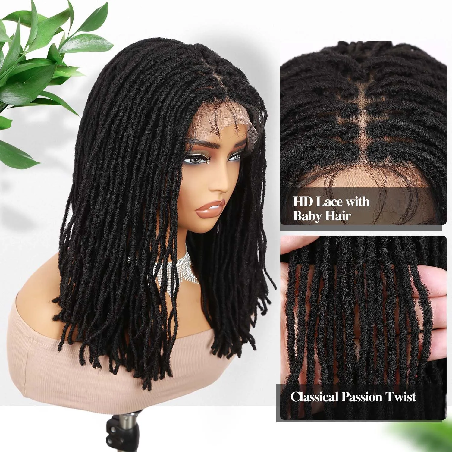 Fancy Hair Full Lace Short Faux Locs Wig with Baby Hair Lace Front Twist Braids Wig Synthetic Micro Locs Wig for Black Women (Natural Black)