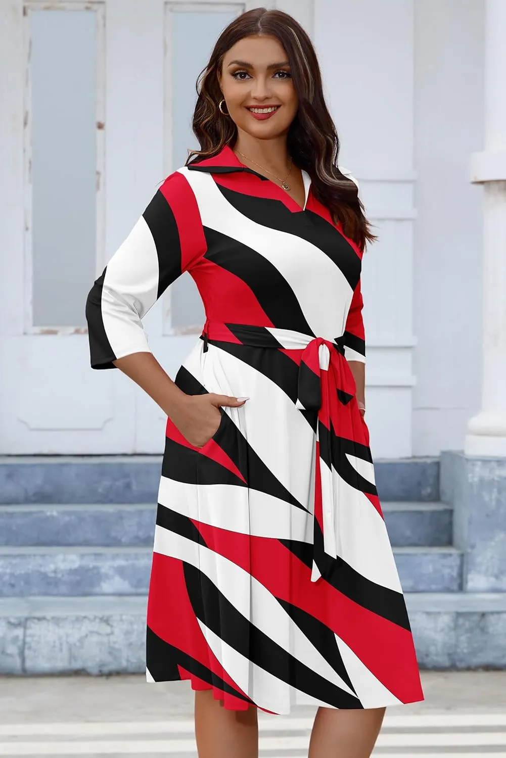 FANDEE Plus Size Midi Dress for Women - Printing Summer Dresses for Wedding Guest Cocktail Party 3/4 Sleeve V Neck（XL-5XL）
