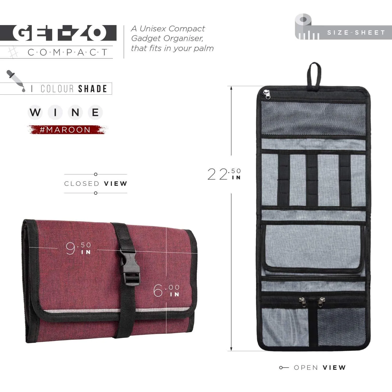 FATMUG Polyester Travel Organizer Bag For Small Electronic And Accessories -Gadgets Kit Case Pouch - Maroon, 0.5 Cm, 57 Cm