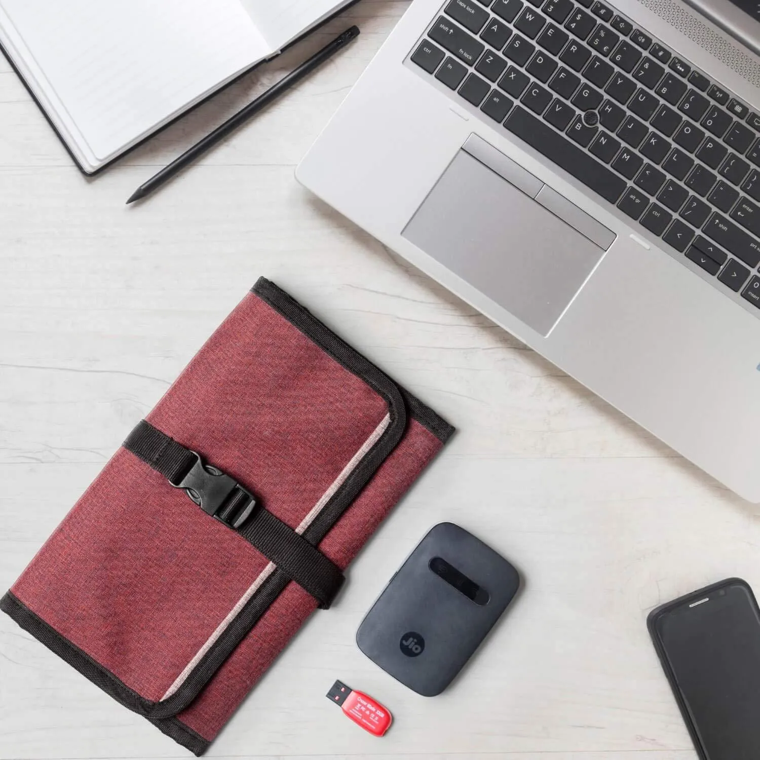 FATMUG Polyester Travel Organizer Bag For Small Electronic And Accessories -Gadgets Kit Case Pouch - Maroon, 0.5 Cm, 57 Cm