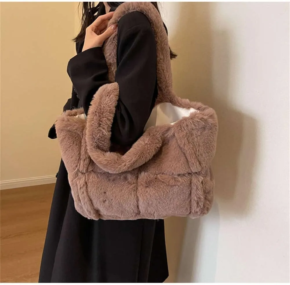 Faux Fur Tote Bag for Women - Soft Fluffy Winter Purse, Large Shoulder Handbag for Shopping or Everyday Use