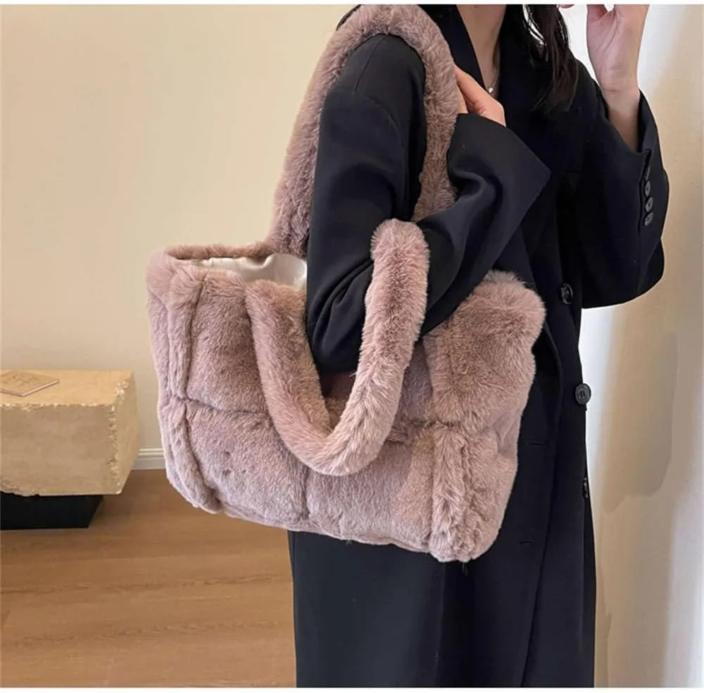 Faux Fur Tote Bag for Women - Soft Fluffy Winter Purse, Large Shoulder Handbag for Shopping or Everyday Use