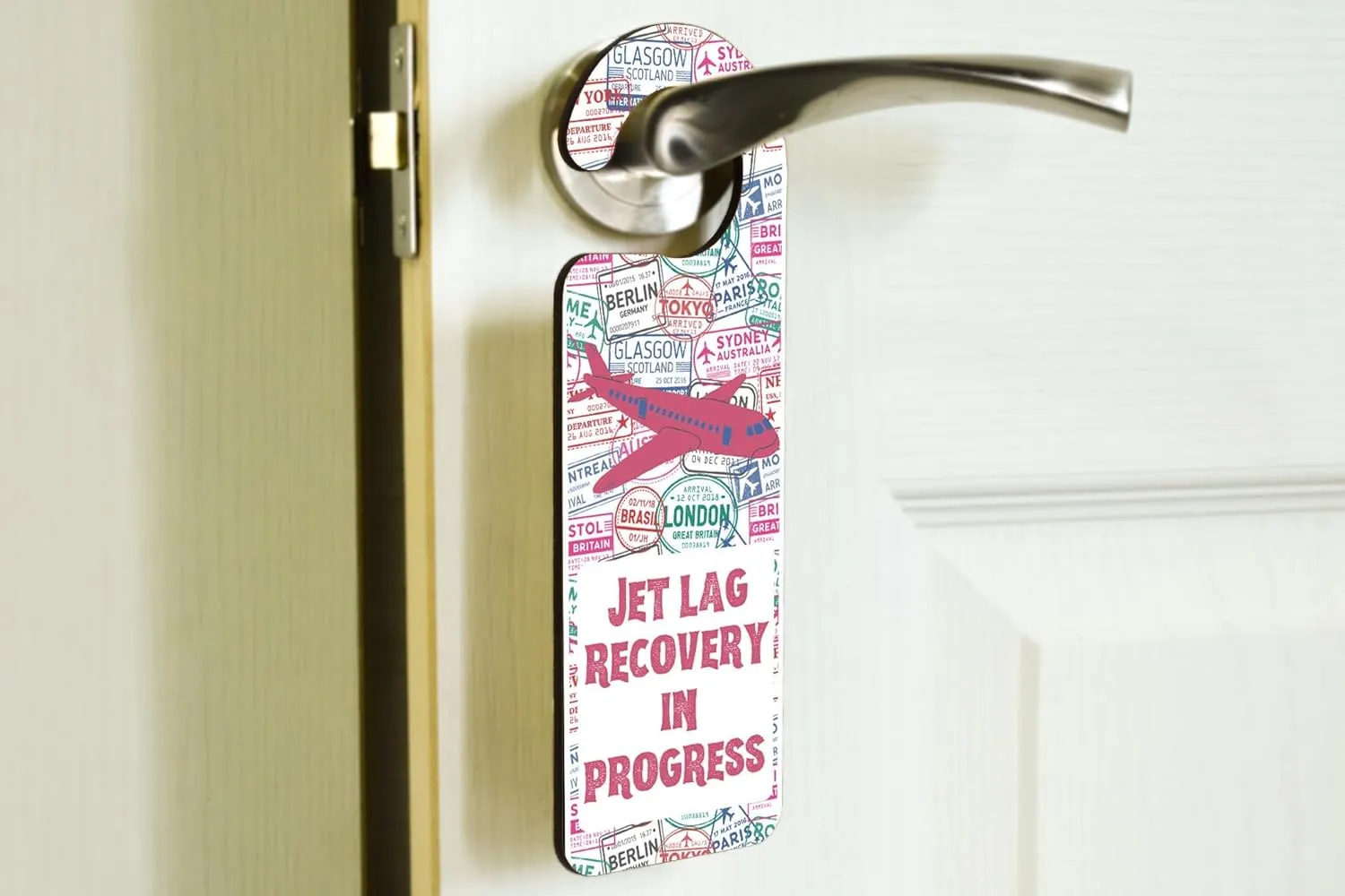 FELIXTA 2pcs Jet Lag Recovery in Progress – Plywood Door Handle Hanger – Travel Stamps Design