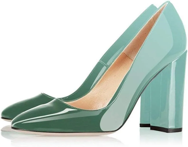 Fericzot Pumps Women Sexy Patent Leather Pointed Toe Block Heels Pumps Gorgeous Evening Party Wedding Stiletto Shoes Plus Size