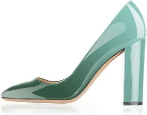 Fericzot Pumps Women Sexy Patent Leather Pointed Toe Block Heels Pumps Gorgeous Evening Party Wedding Stiletto Shoes Plus Size