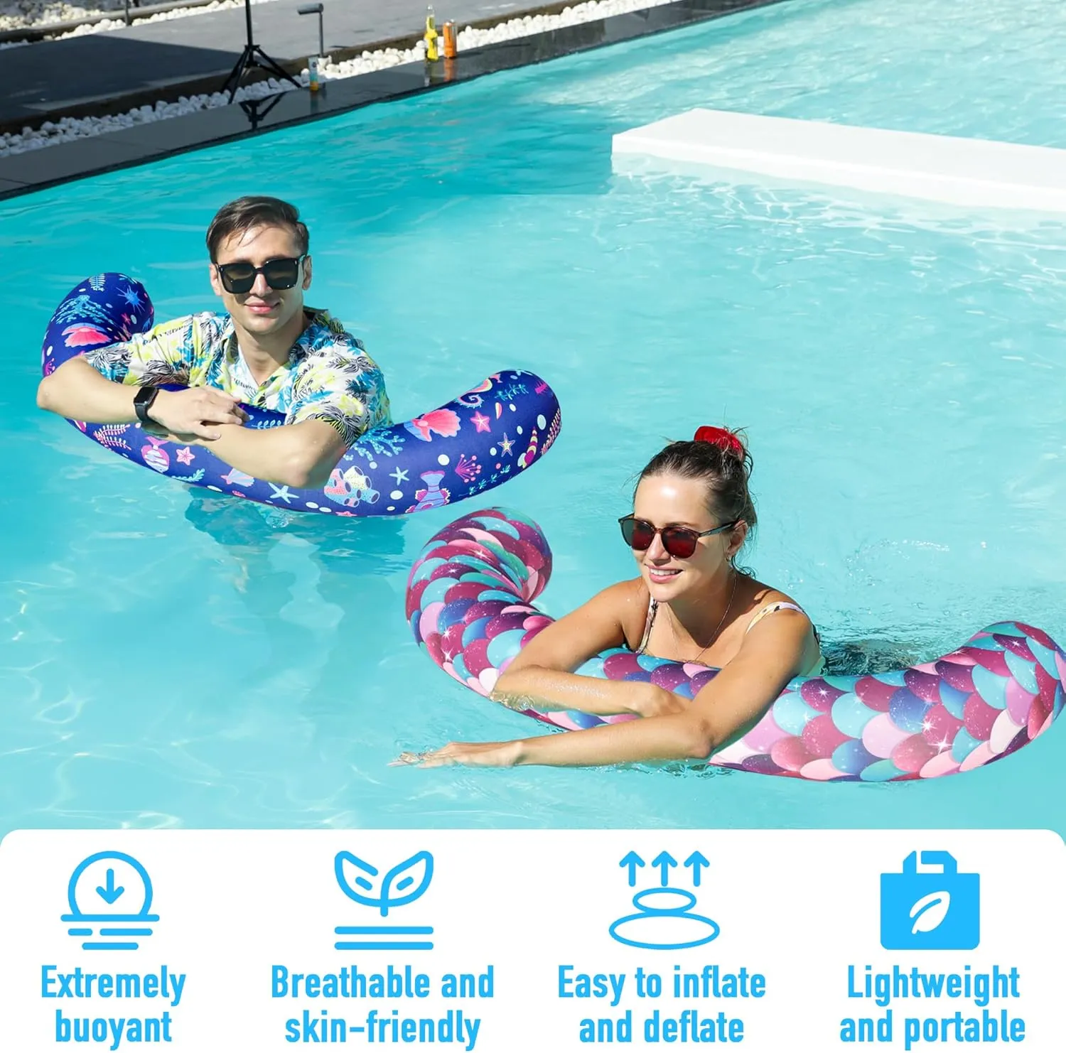 FindUWill 2 Pack Curved Pool Noodles, Inflatable Fabric Covered Swimming Noodles, 37 x 19 Inches Inflatable Pool Floats Accessories for Summer Water Party