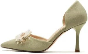 Floral Pearl Heels with Pointed-Toe Design - Soft Fabric & Velvet/Silk for Formal Events