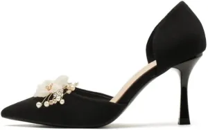 Floral Pearl Heels with Pointed-Toe Design - Soft Fabric & Velvet/Silk for Formal Events