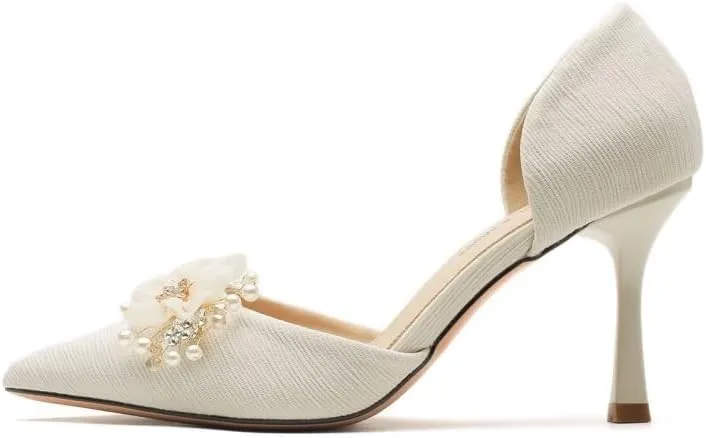Floral Pearl Heels with Pointed-Toe Design - Soft Fabric & Velvet/Silk for Formal Events