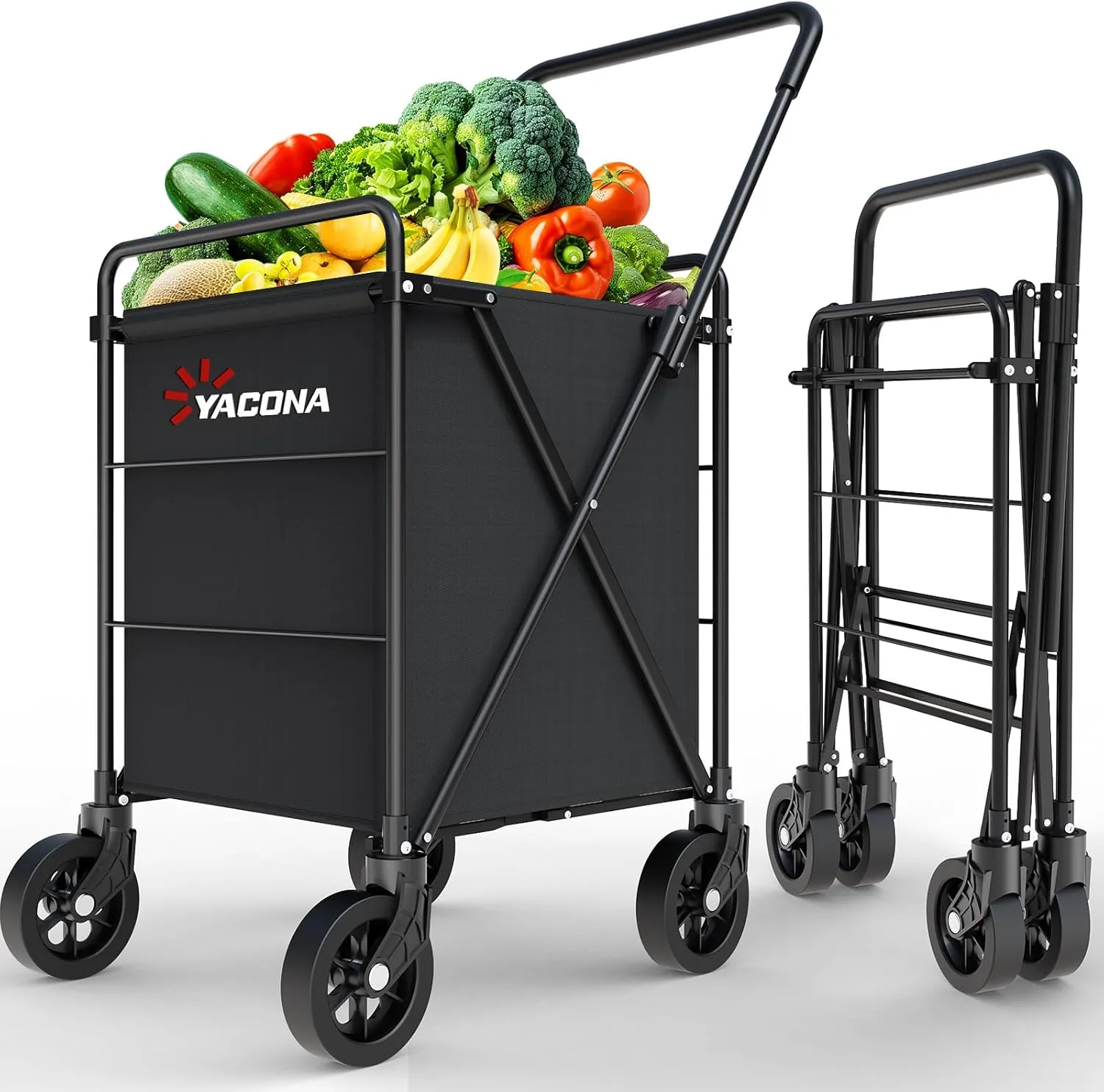 Folding Shopping Cart for Groceries, Grocery Cart on Wheels, 360°Rolling Swivel Wheels Portable Heavy Duty Utility Cart for Shopping, Grocery, Laundry (X-Large)