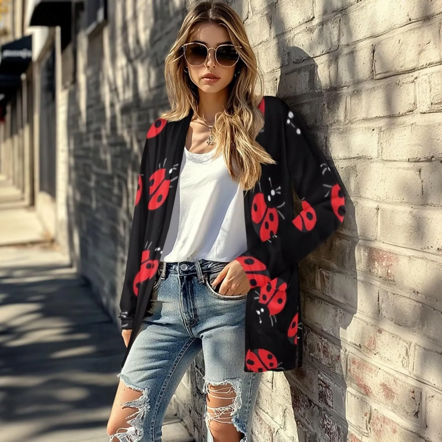 Forchrinse Red Ladybug Cardigan for Women Causal Long Sleeve Open Front Cardigans Sweater Fashion 2024 Fall Coat with Pockets