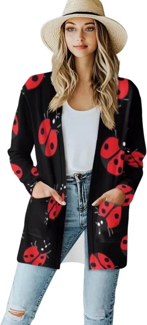 Forchrinse Red Ladybug Cardigan for Women Causal Long Sleeve Open Front Cardigans Sweater Fashion 2024 Fall Coat with Pockets