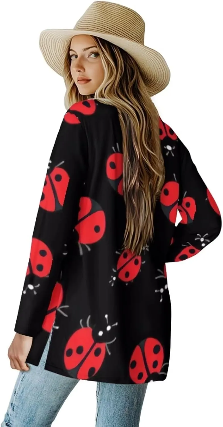 Forchrinse Red Ladybug Cardigan for Women Causal Long Sleeve Open Front Cardigans Sweater Fashion 2024 Fall Coat with Pockets