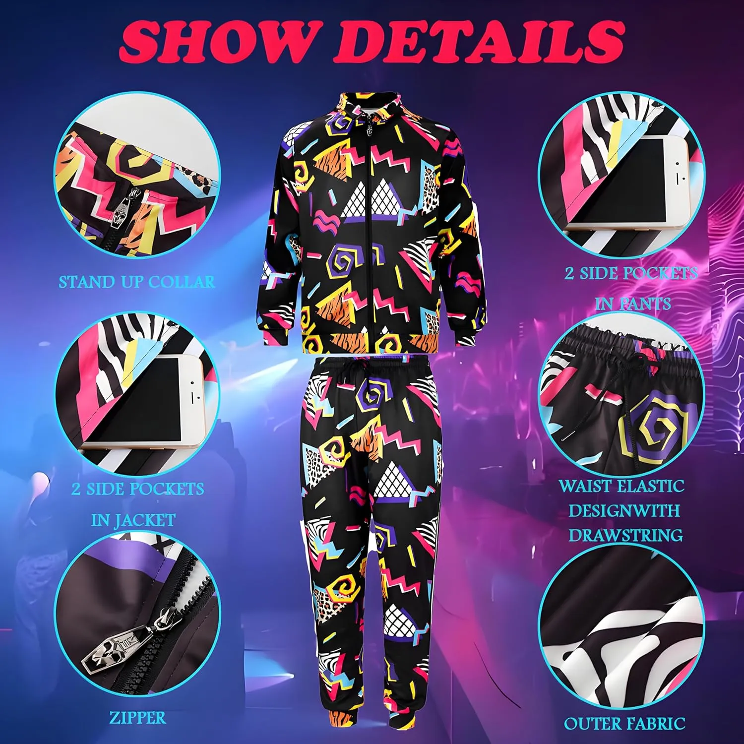 FOTN ﻿ 3pcs Mens 80s Costumes Retro 80s 90s hip hop Outfit 80s Vintage Tracksuit for Halloween Costume party
