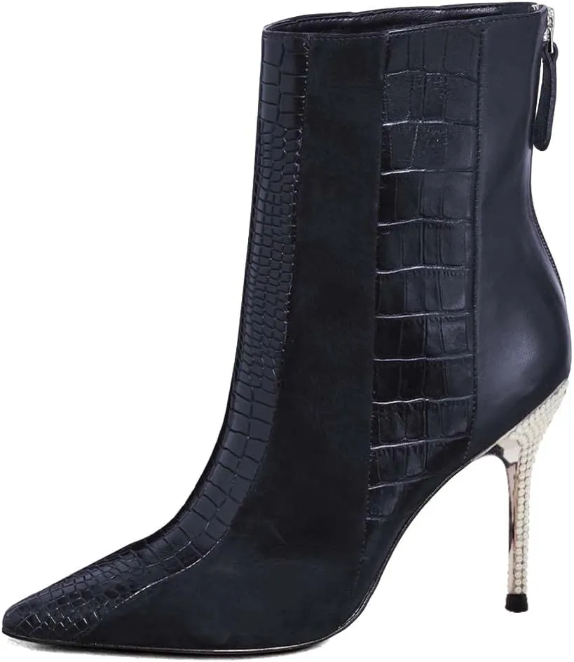 FSJ Women Sexy Stiletto High Heels Crocodile Pattern Ankle Boots Beaded Pointed Toe Booties Back Zipper 4 Inch Ladies Winter Banquet Party Evening Shoes Size 4-15 US