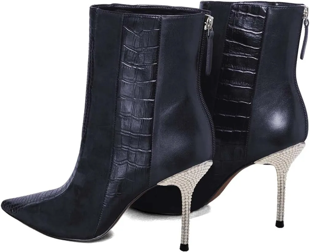 FSJ Women Sexy Stiletto High Heels Crocodile Pattern Ankle Boots Beaded Pointed Toe Booties Back Zipper 4 Inch Ladies Winter Banquet Party Evening Shoes Size 4-15 US