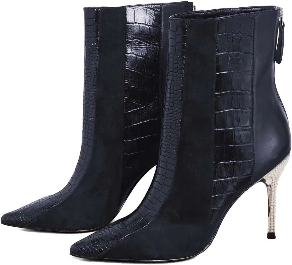 FSJ Women Sexy Stiletto High Heels Crocodile Pattern Ankle Boots Beaded Pointed Toe Booties Back Zipper 4 Inch Ladies Winter Banquet Party Evening Shoes Size 4-15 US