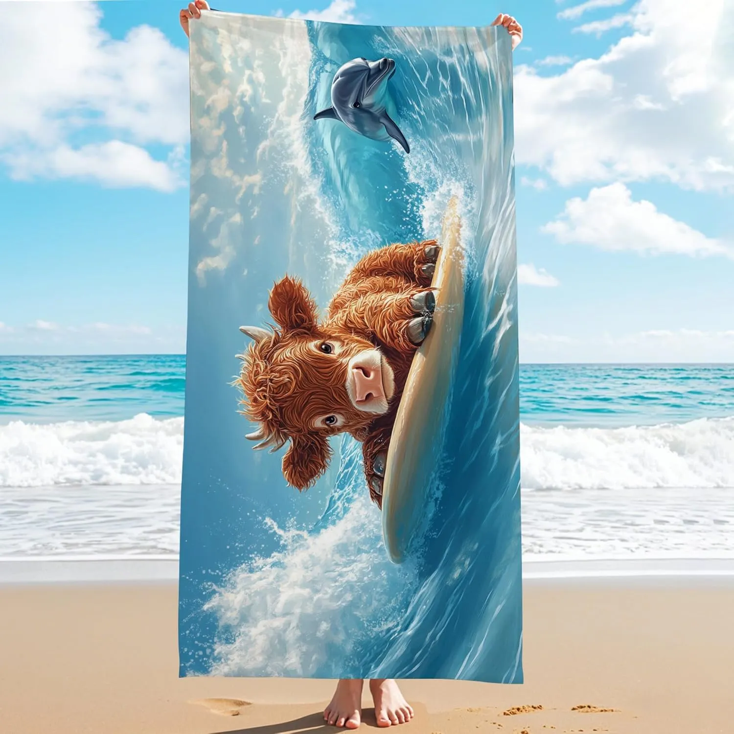 Fun Cow Surfing Beach Towel Cute Cartoon Animal Print, Quick Dry Microfiber Sand Free Lightweight Bath Towel, Ideal for Beach Pool Gym Travel Picnic Essentials 70x35 Inch
