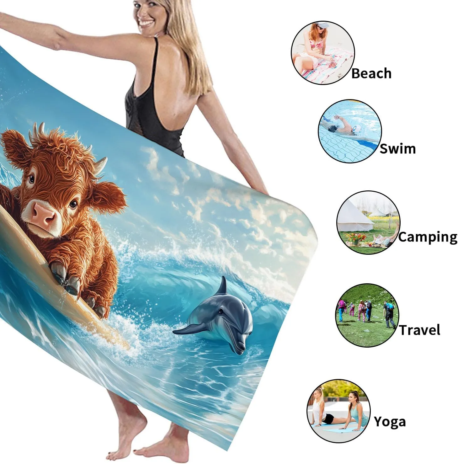 Fun Cow Surfing Beach Towel Cute Cartoon Animal Print, Quick Dry Microfiber Sand Free Lightweight Bath Towel, Ideal for Beach Pool Gym Travel Picnic Essentials 70x35 Inch