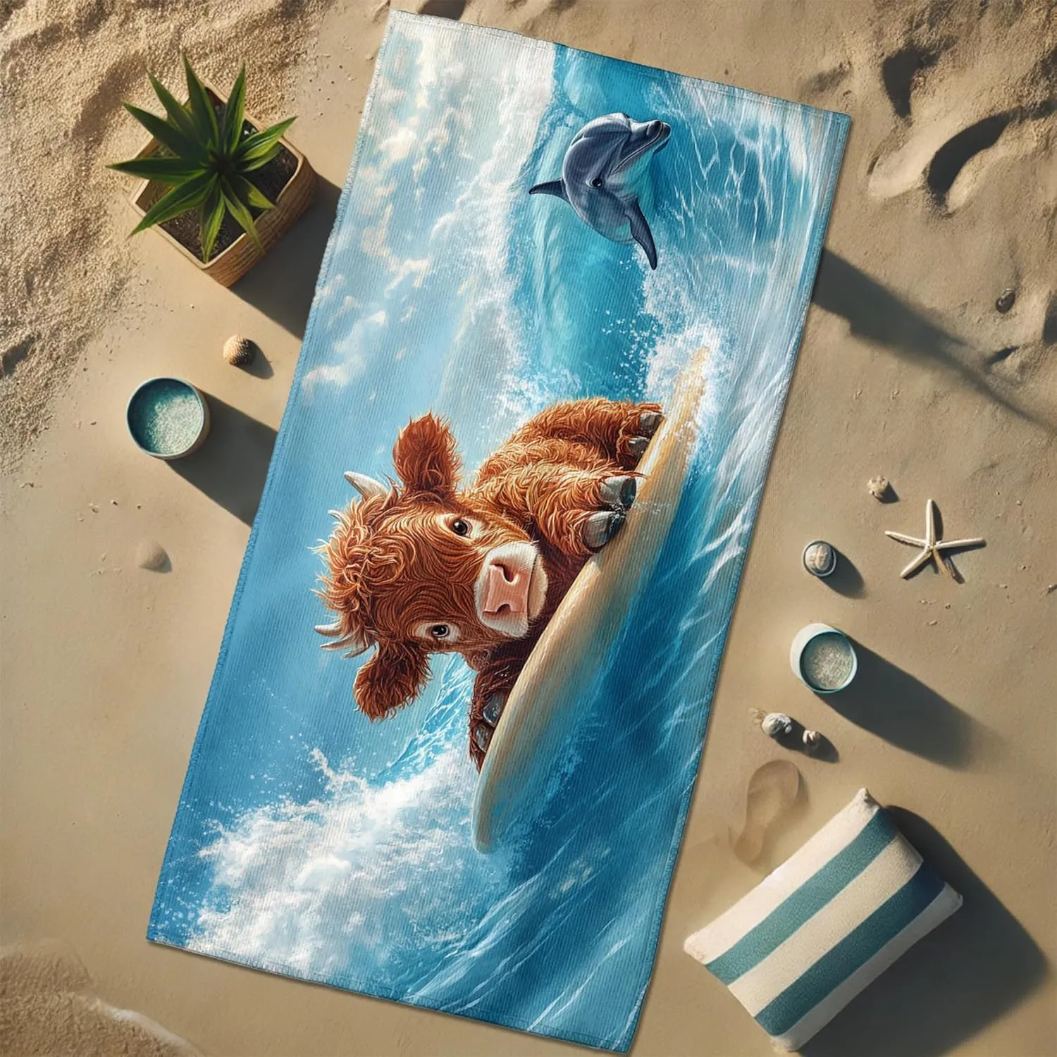 Fun Cow Surfing Beach Towel Cute Cartoon Animal Print, Quick Dry Microfiber Sand Free Lightweight Bath Towel, Ideal for Beach Pool Gym Travel Picnic Essentials 70x35 Inch