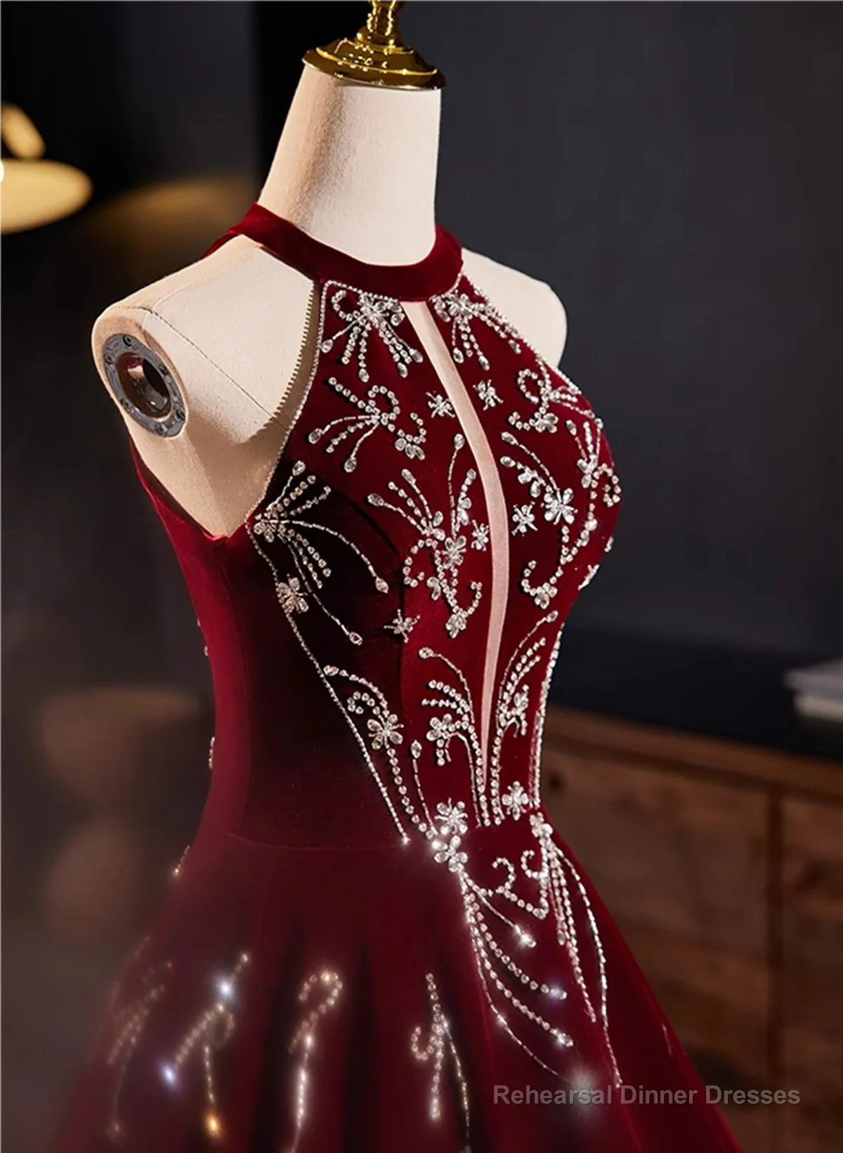 Glam Wine Red Beaded Velvet Halter Evening Dress, Wine Red Velvet Prom Dress