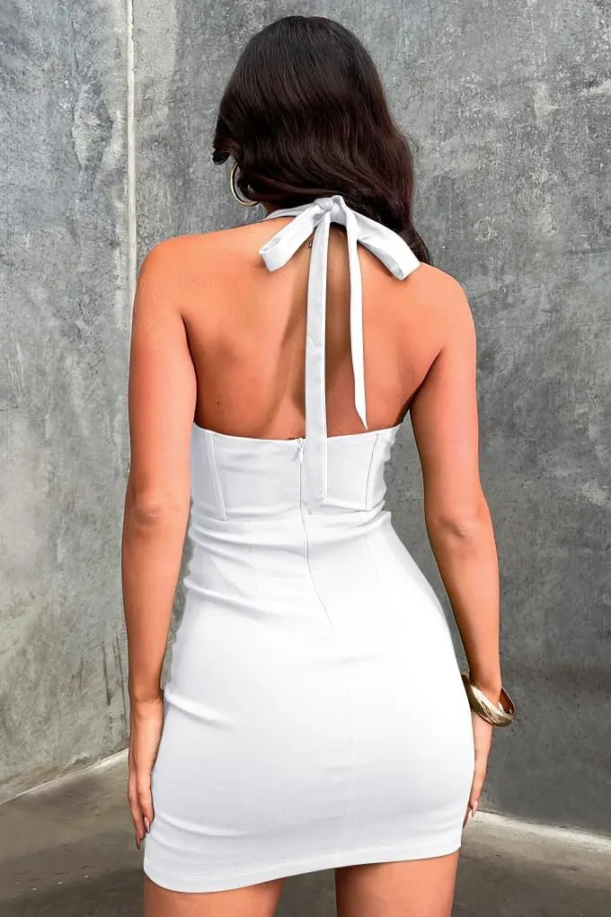 GOKATOSAU Women's Sexy Sleeveless Halter V Neck Bodycon High Waist with Boning Mini Dress