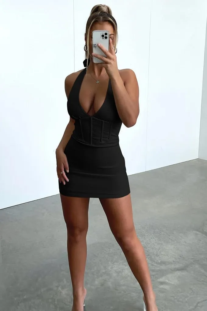 GOKATOSAU Women's Sexy Sleeveless Halter V Neck Bodycon High Waist with Boning Mini Dress