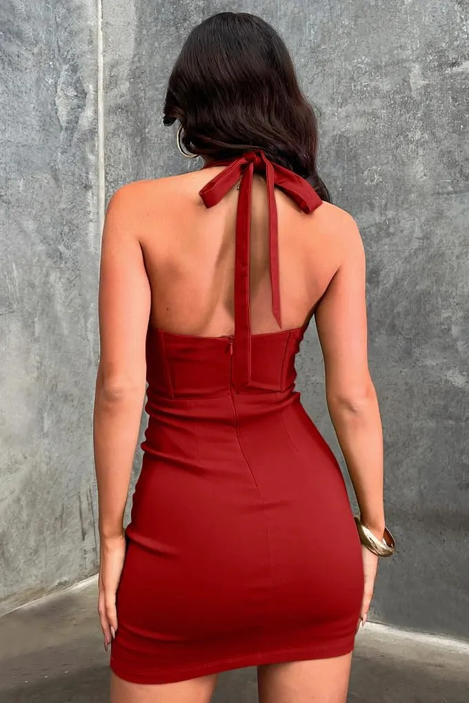 GOKATOSAU Women's Sexy Sleeveless Halter V Neck Bodycon High Waist with Boning Mini Dress