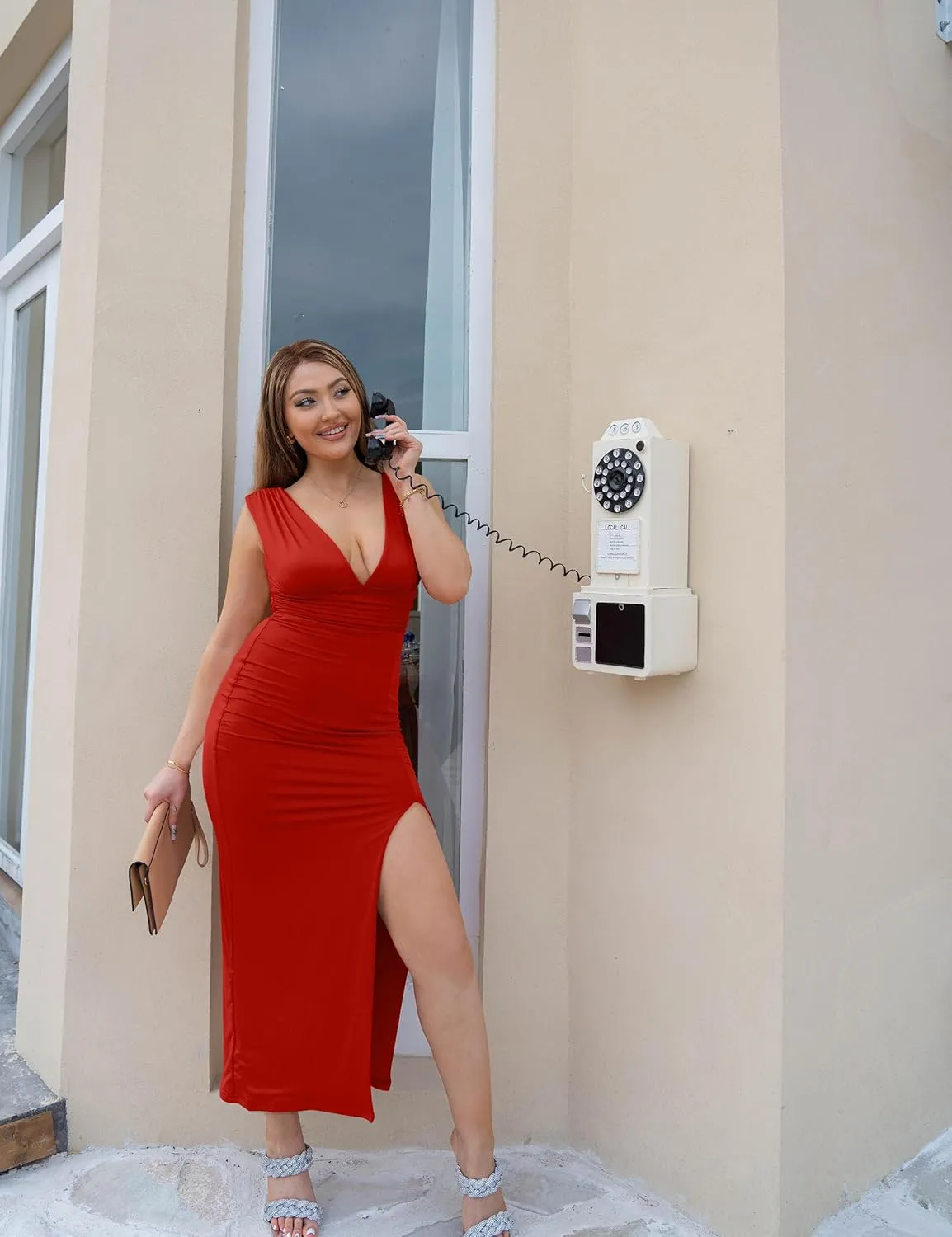 GOKATOSAU Women's Summer Plunge V Neck Sleeveless High Side Split Bodycon Long Dress