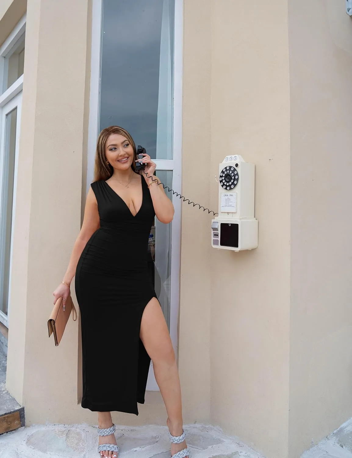 GOKATOSAU Women's Summer Plunge V Neck Sleeveless High Side Split Bodycon Long Dress