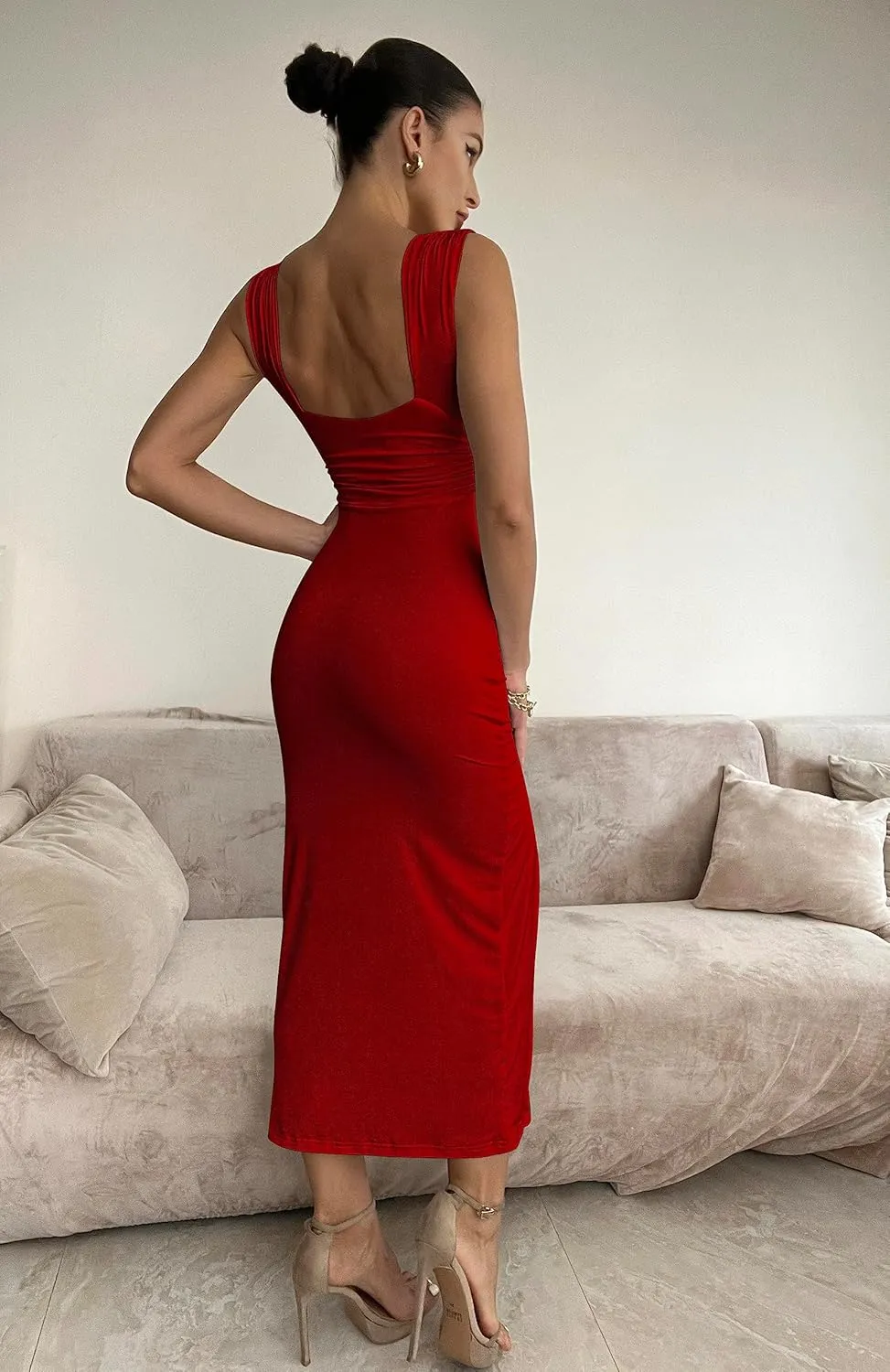 GOKATOSAU Women's Summer Plunge V Neck Sleeveless High Side Split Bodycon Long Dress