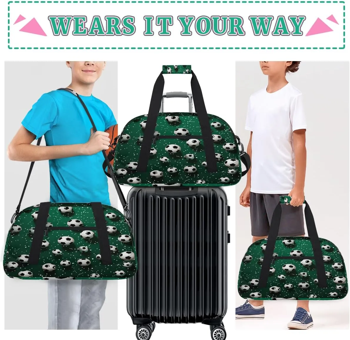 Green Football Kids Overnighter Duffel Bags for Boys, Carry-On Size Sports Gym Bag with Front Zipper Pocket for School Practice or Overnight Travel Weekender Sleepover Tote Bag