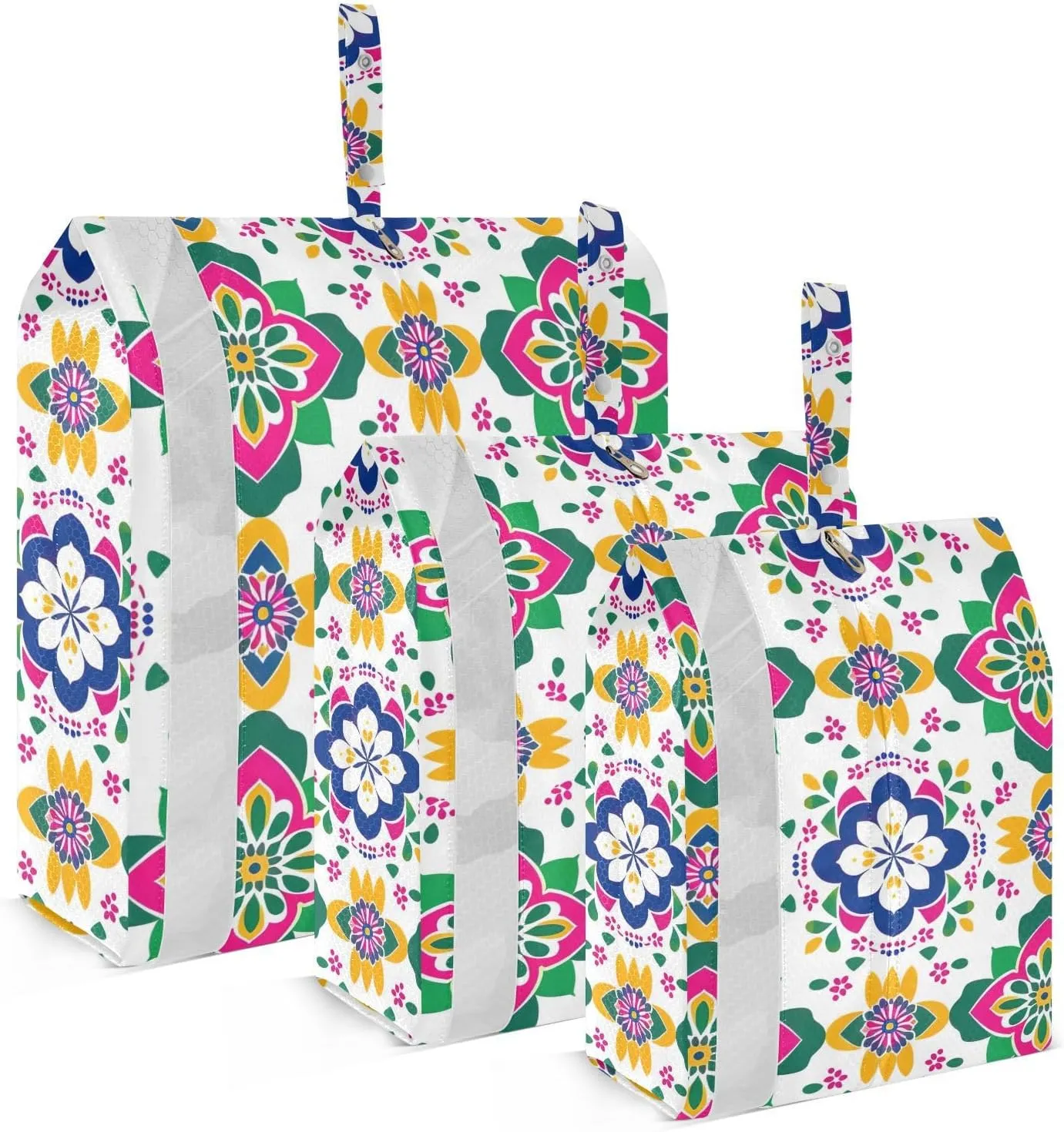 Green Pink Mandala Pattern Travel Storage Bag with Lanyard - Portable Lightweight Classified Storage Bag with Zipper, Dust and Waterproof Travel Packing Cube for Suitcase,3 Pieces