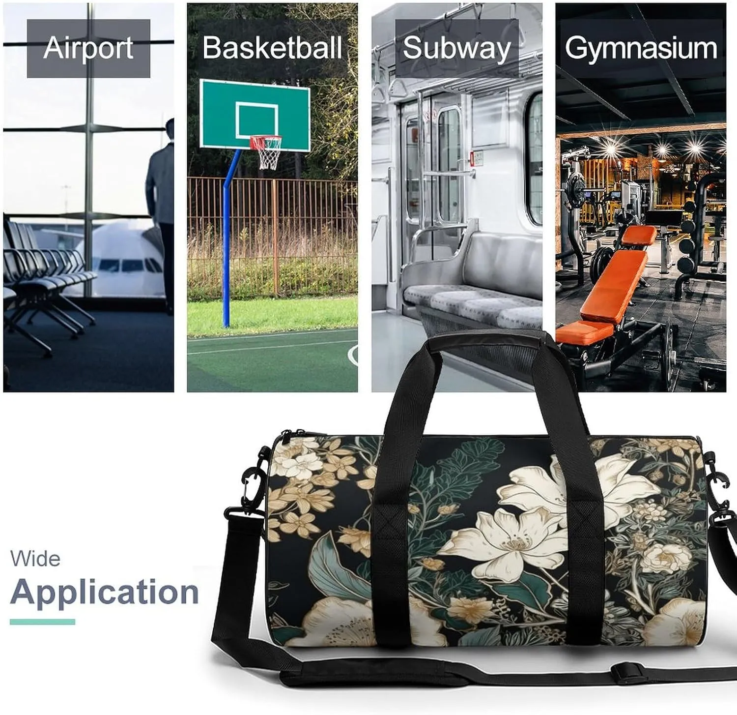 Gym Bag Flowers on Black Background Duffel Bag for Men Women Overnight Bag with Shoe Compartment Workout Bags