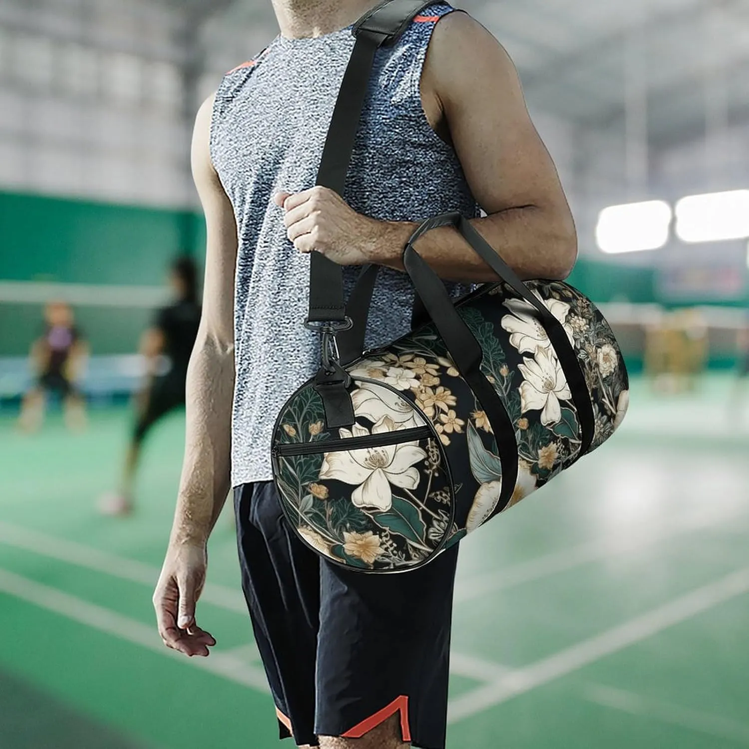 Gym Bag Flowers on Black Background Duffel Bag for Men Women Overnight Bag with Shoe Compartment Workout Bags