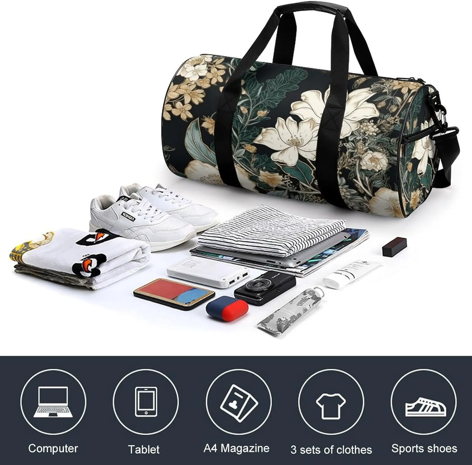 Gym Bag Flowers on Black Background Duffel Bag for Men Women Overnight Bag with Shoe Compartment Workout Bags