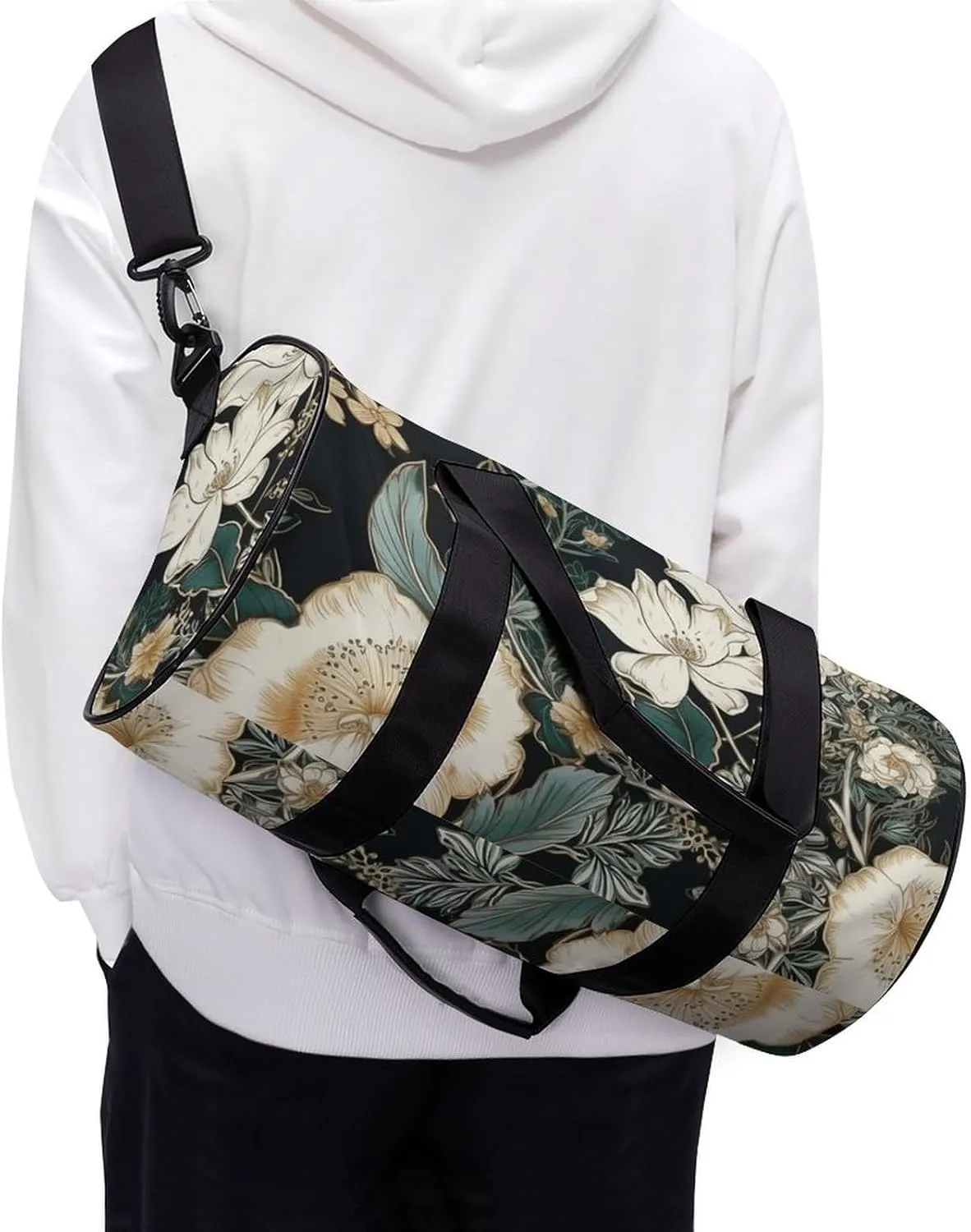 Gym Bag Flowers on Black Background Duffel Bag for Men Women Overnight Bag with Shoe Compartment Workout Bags