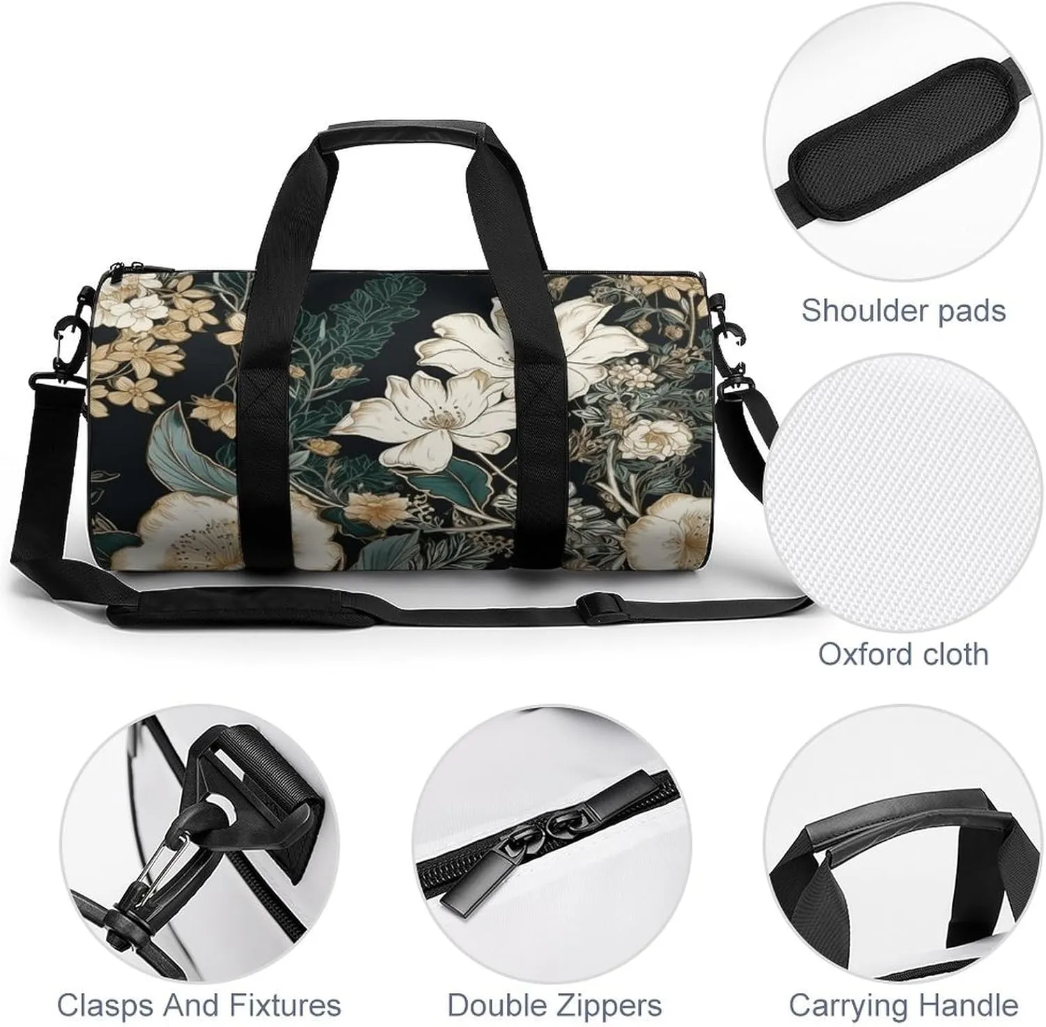 Gym Bag Flowers on Black Background Duffel Bag for Men Women Overnight Bag with Shoe Compartment Workout Bags
