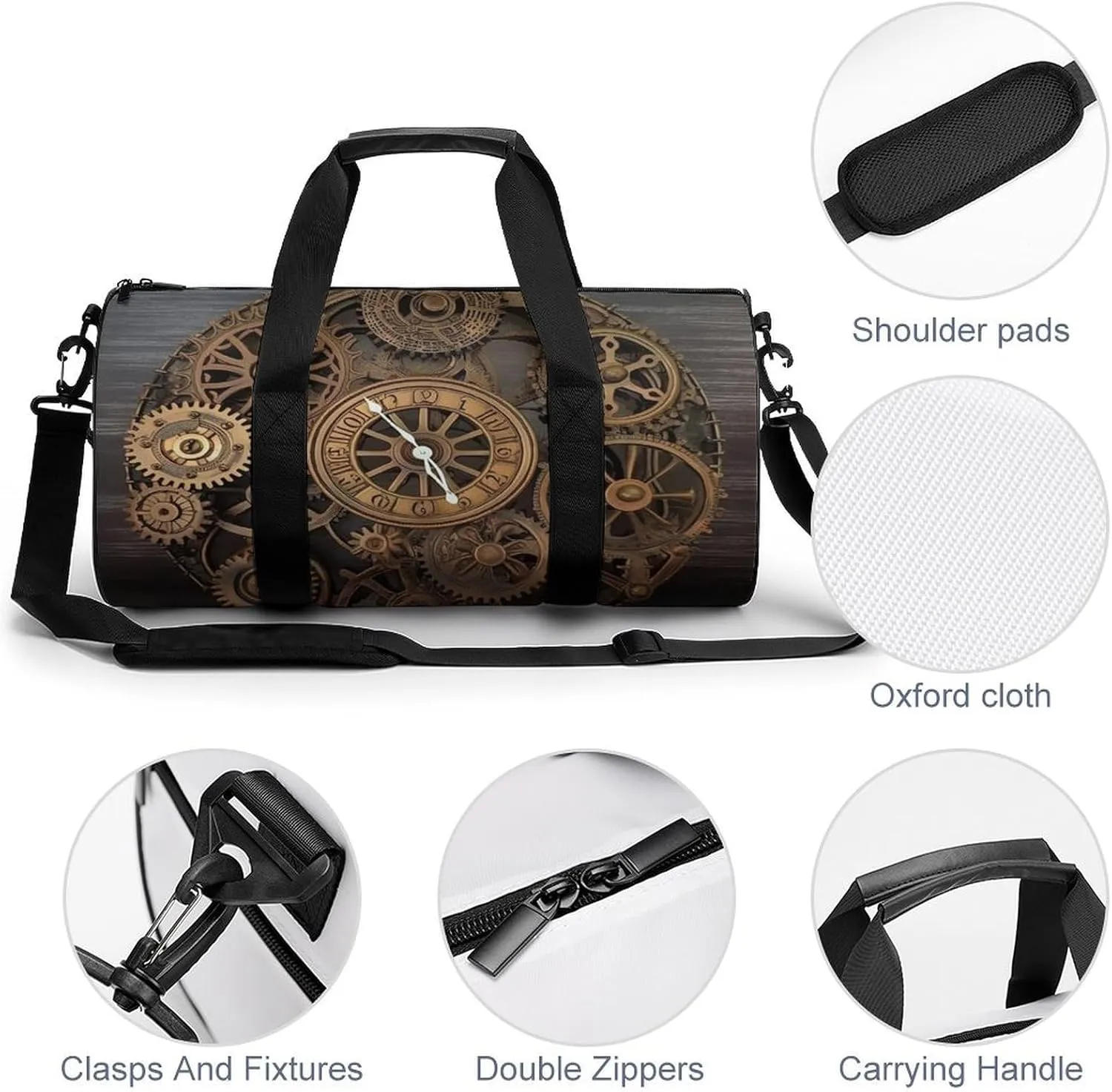 Gym Bag Steampunk Gears Clock Duffel Bag for Men Women Overnight Bag with Shoe Compartment Workout Bags