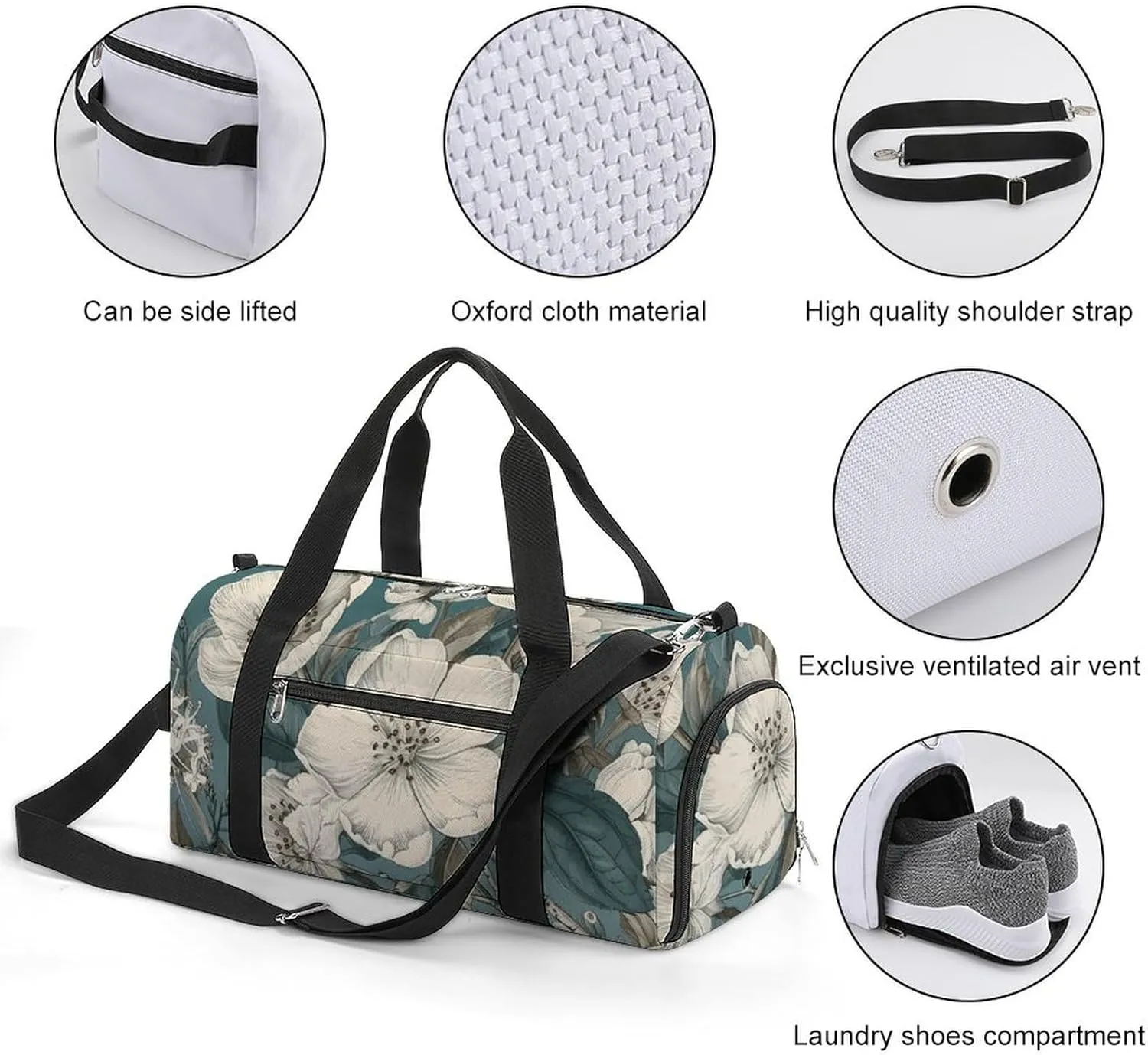 Gym Bag White Flowers Duffel Bag for Men Women Overnight Bag with Shoe Compartment Workout Bags