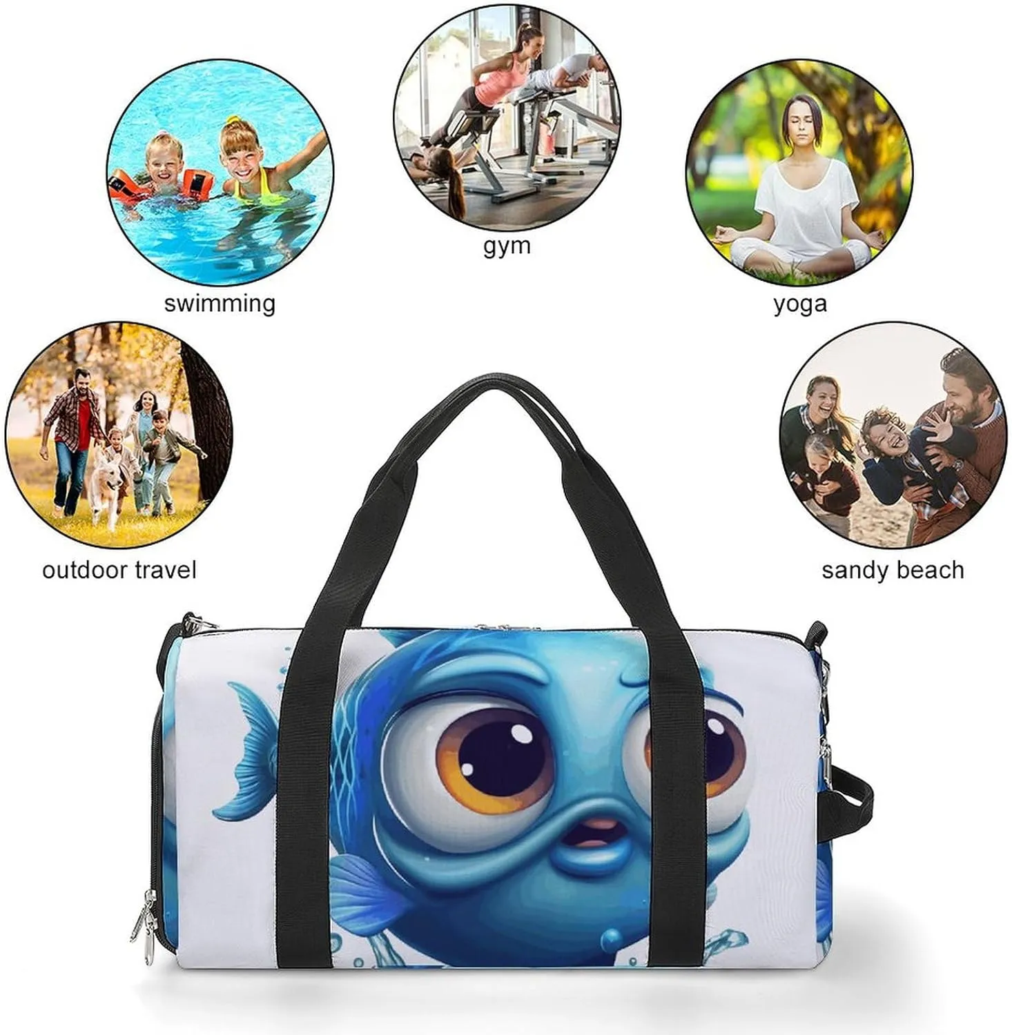 Gym Bags Small Blue Cartoon Fish Duffel Bag Overnight Bag with Shoe Compartment Carryon Bag for Men Women