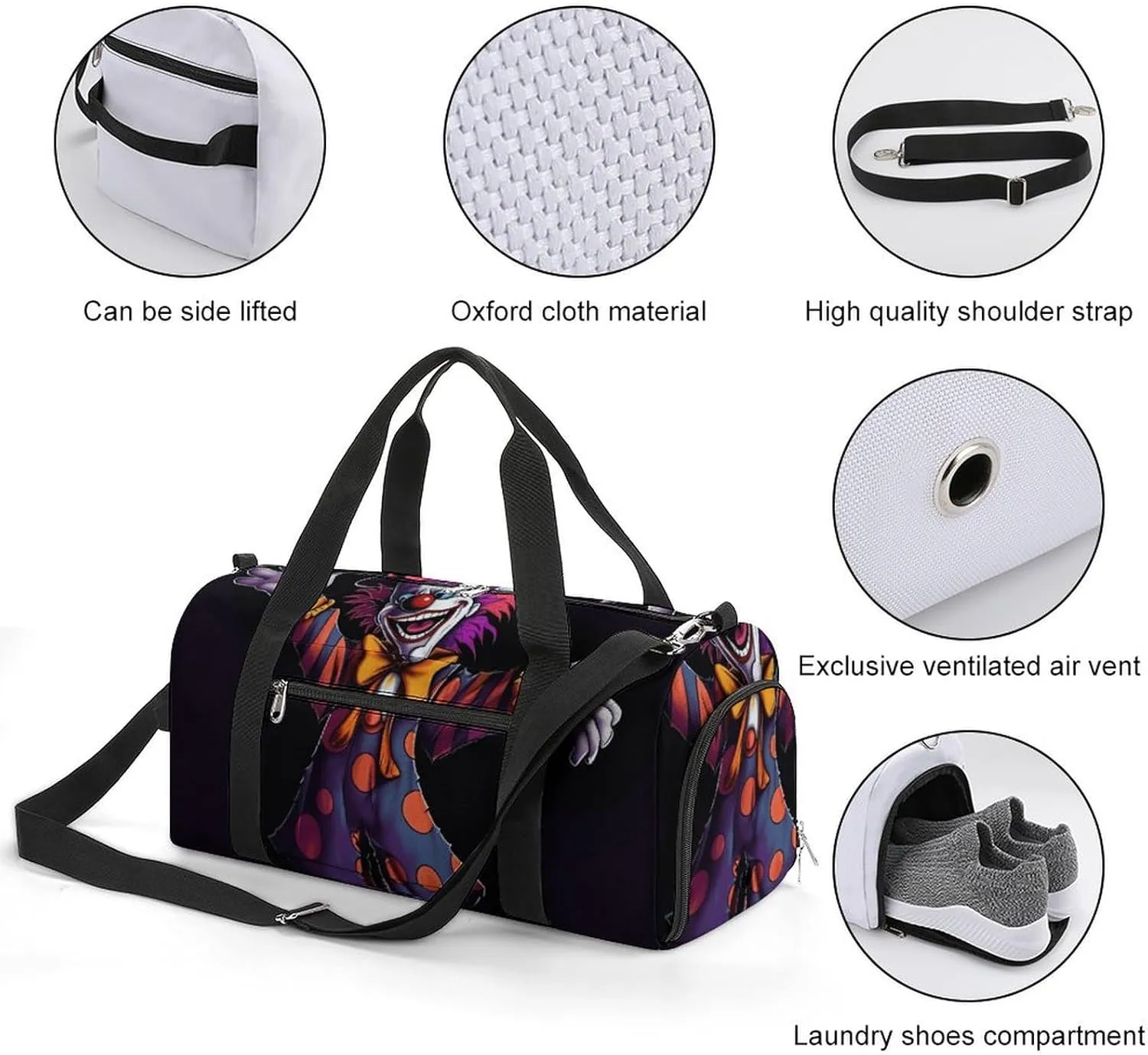 Gym Bags Small Cute Cartoon Clown Duffel Bag Overnight Bag with Shoe Compartment Carryon Bag for Men Women