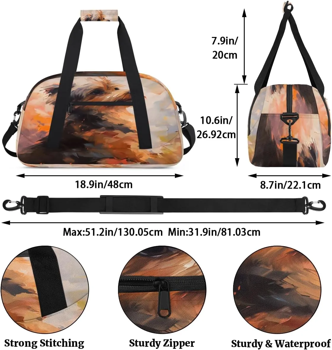 Hand Painted Puppy Kids Overnighter Duffel Bags for Boys, Carry-On Size Sports Gym Bag with Front Zipper Pocket for School Practice or Overnight Travel Weekender Sleepover Tote Bag