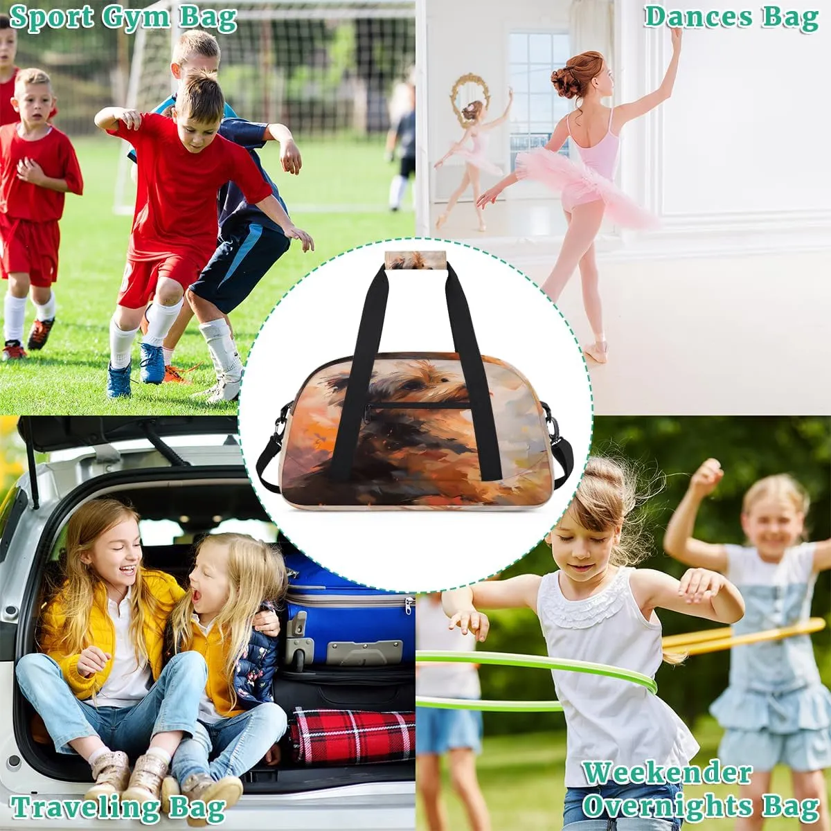 Hand Painted Puppy Kids Overnighter Duffel Bags for Boys, Carry-On Size Sports Gym Bag with Front Zipper Pocket for School Practice or Overnight Travel Weekender Sleepover Tote Bag