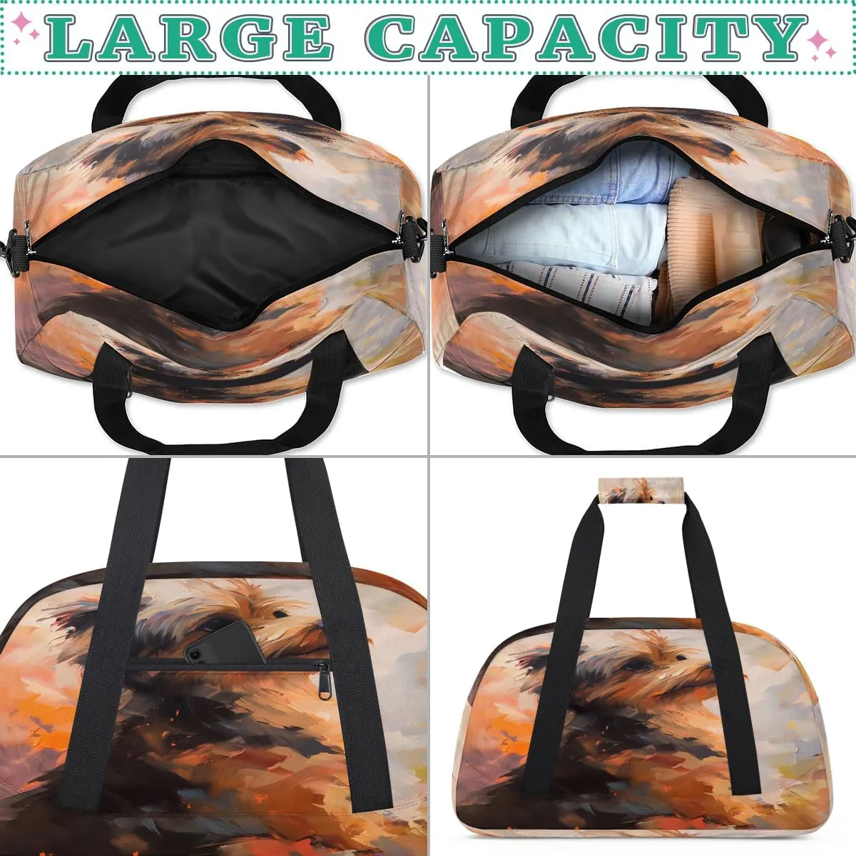 Hand Painted Puppy Kids Overnighter Duffel Bags for Boys, Carry-On Size Sports Gym Bag with Front Zipper Pocket for School Practice or Overnight Travel Weekender Sleepover Tote Bag