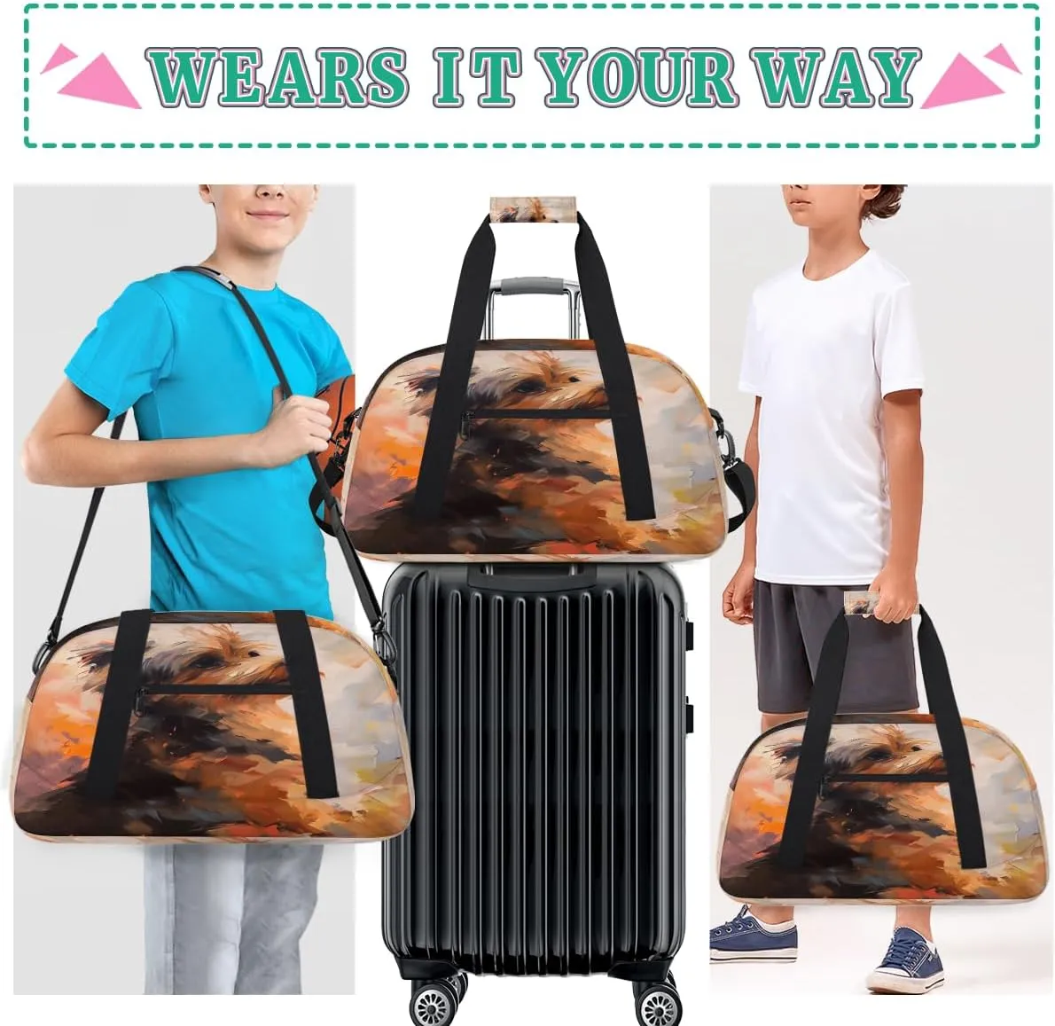 Hand Painted Puppy Kids Overnighter Duffel Bags for Boys, Carry-On Size Sports Gym Bag with Front Zipper Pocket for School Practice or Overnight Travel Weekender Sleepover Tote Bag