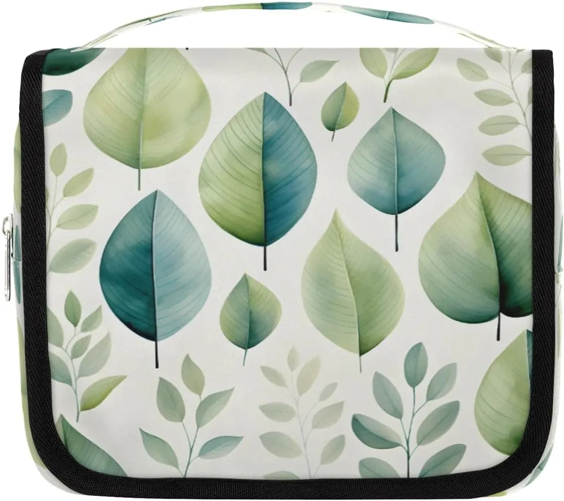 Hanging Travel Toiletry Bag Green Leaves Toiletry Bags with Hanging Hook Portable Cosmetic Bag Makeup Organizer for Travel Business Trip
