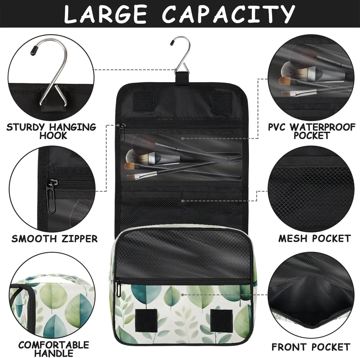 Hanging Travel Toiletry Bag Green Leaves Toiletry Bags with Hanging Hook Portable Cosmetic Bag Makeup Organizer for Travel Business Trip