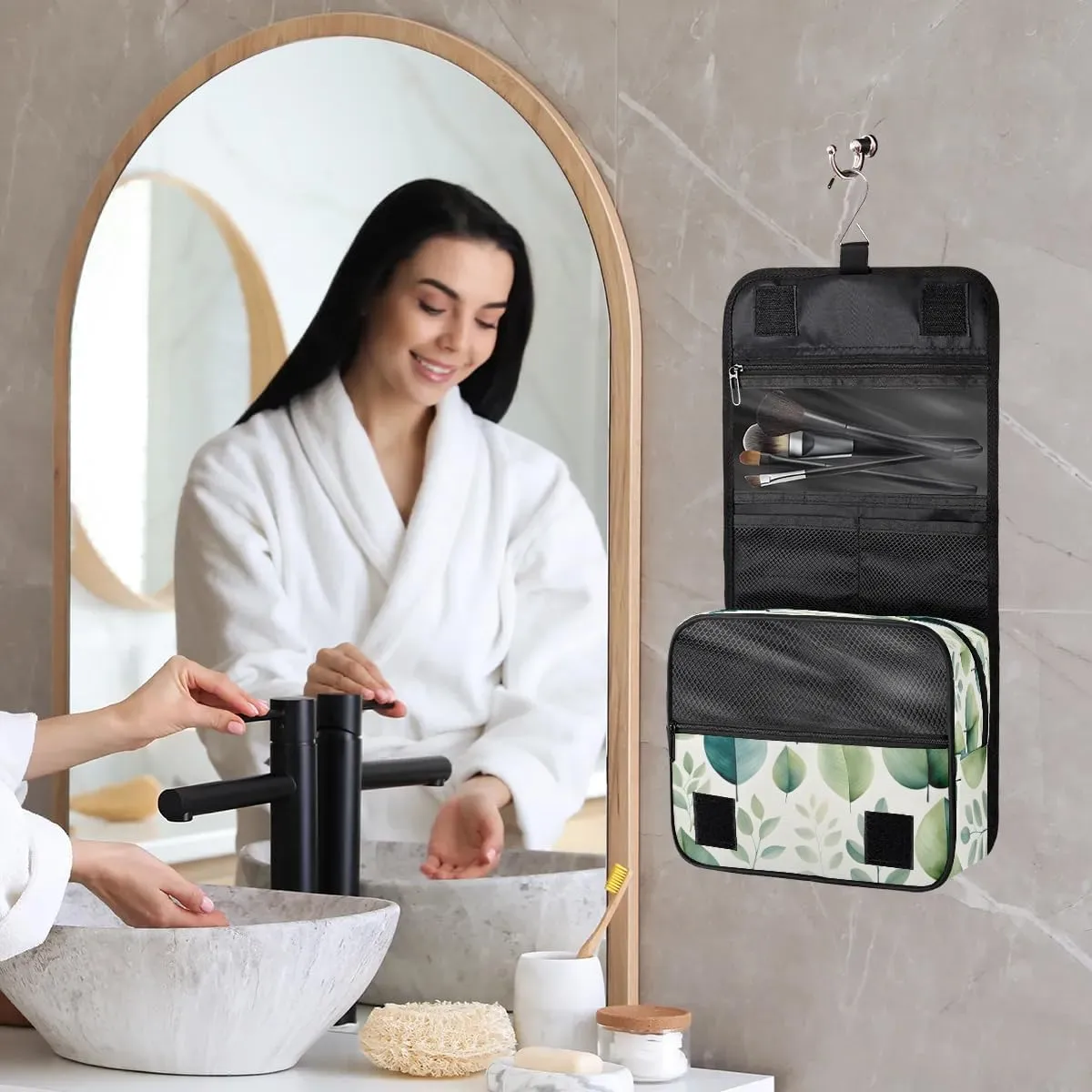 Hanging Travel Toiletry Bag Green Leaves Toiletry Bags with Hanging Hook Portable Cosmetic Bag Makeup Organizer for Travel Business Trip